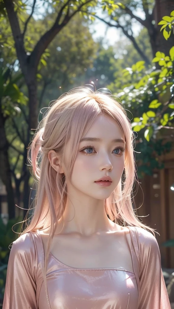 best quality, masterpiece, upper body, woman, blonde hair blown in the wind, shining eyes, steampunk nude style, thin clothes, pink clothes, pink hair