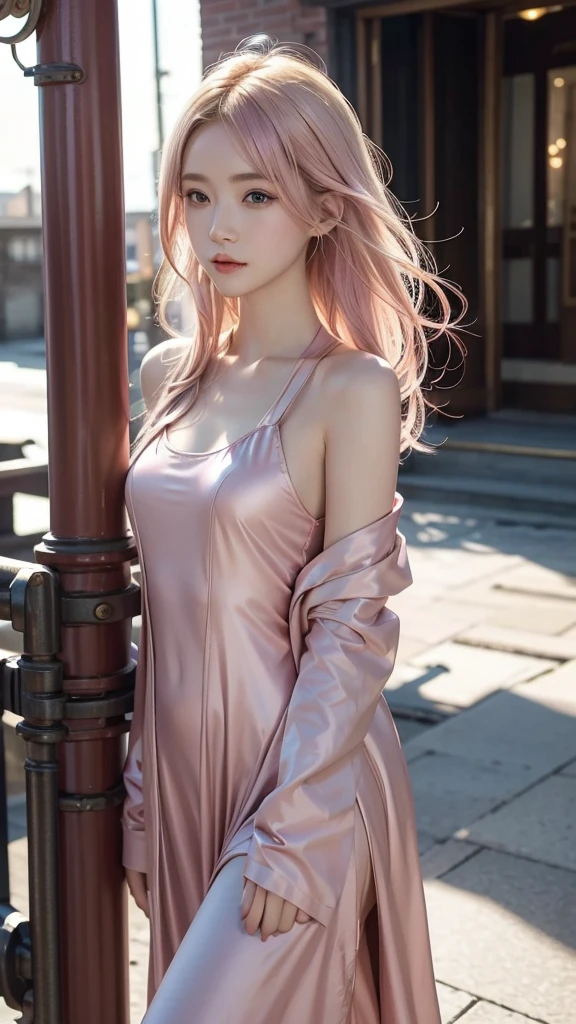 best quality, masterpiece, upper body, woman, blonde hair blown in the wind, shining eyes, steampunk nude style, thin clothes, pink clothes, pink hair