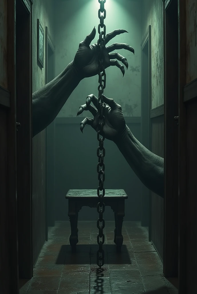 Demon hands holding a chain over a side table in a dark hallway