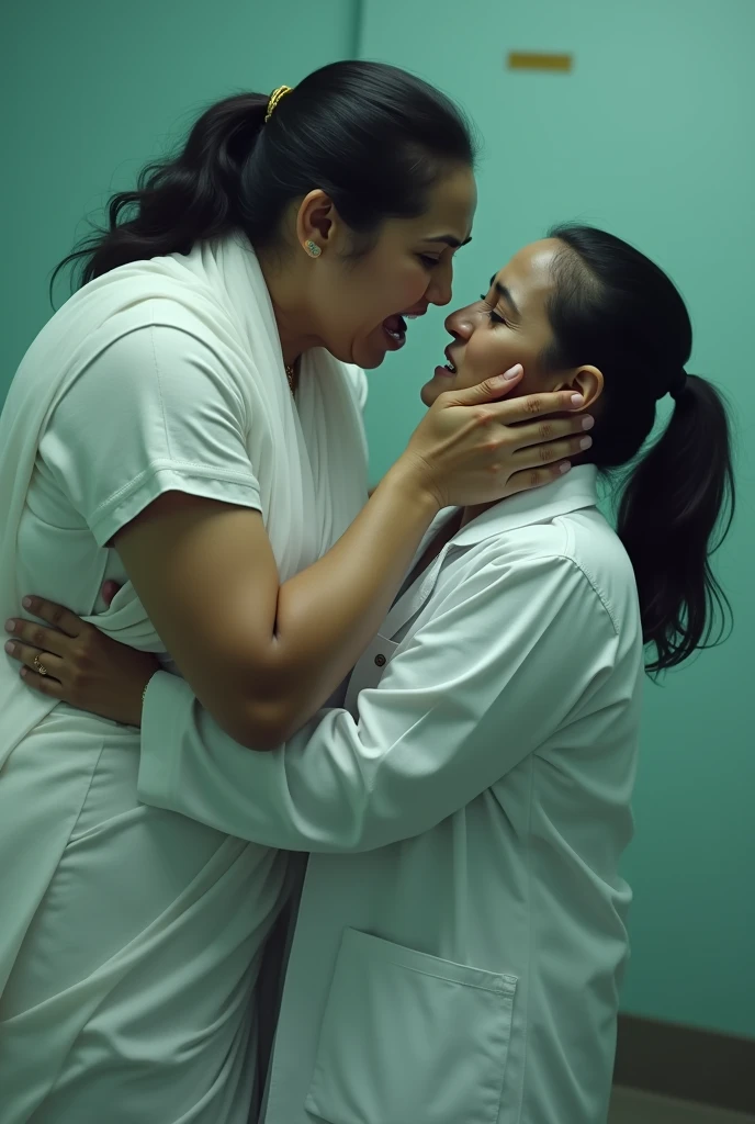 Mamta banarjee in white saree pressing neck of a female doctor with 1 hand lifting her up 2 feets from the ground with evil look in her eyes side view