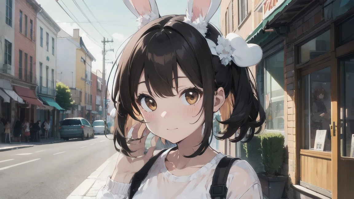 Highest quality, cute, pastel colour, Fluffy white bunny ears, Brown Hair,Brown eyes,Lo-Fi、Chillhop