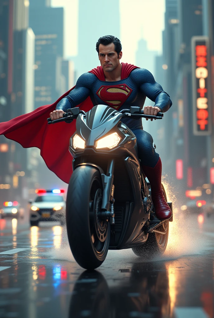 a muscular superman Henry cavill, superman, riding a futuristic motorcycle, speeding through a city chase, chased by police cars, no helmet, ultra-detailed, 8k, masterpiece, cinematic lighting, dramatic action pose, photorealistic, vibrant colors, volumetric lighting, intricate details, motion blur, hyper-realistic, dramatic angle