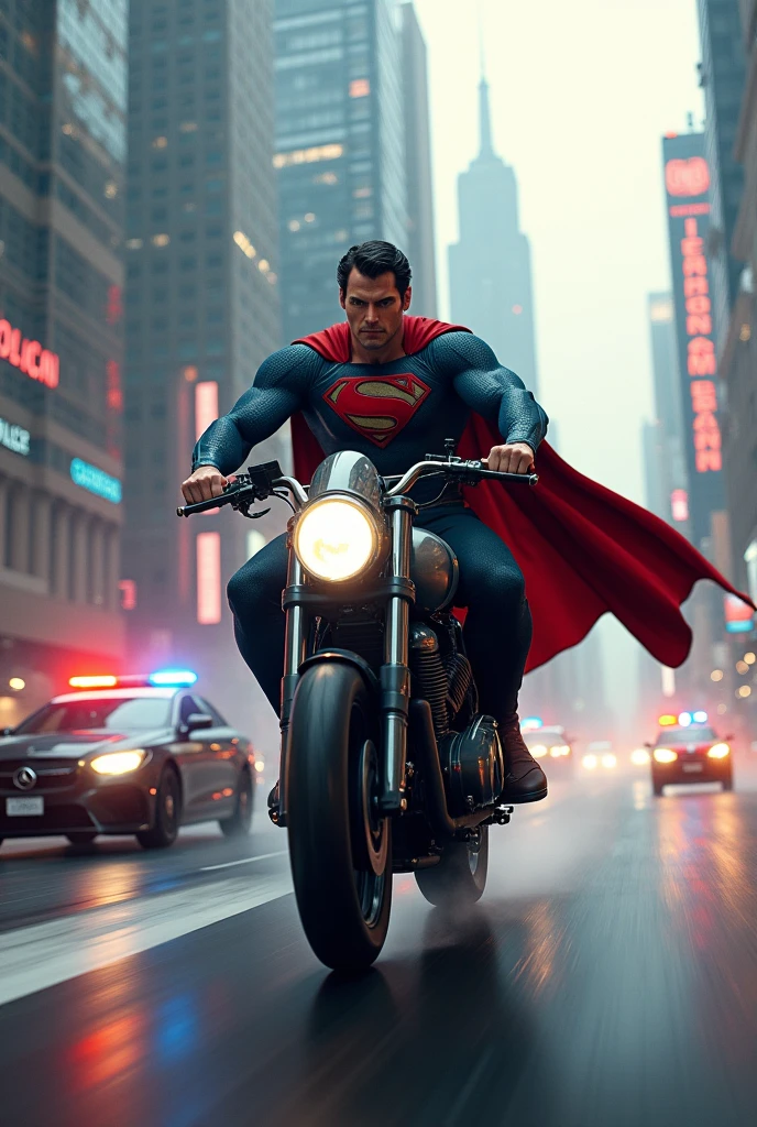 a muscular superman Henry cavill, superman, riding a futuristic motorcycle, speeding through a city chase, chased by police cars, no helmet, ultra-detailed, 8k, masterpiece, cinematic lighting, dramatic action pose, photorealistic, vibrant colors, volumetric lighting, intricate details, motion blur, hyper-realistic, dramatic angle