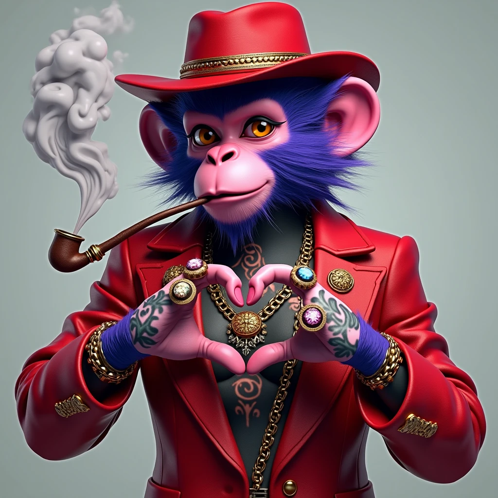 1 purple female monkey, with a red gangster suit with chains, hat and glasses, tattooed, with huge diamond and gold rings, smoking with a pipe, making a heart with both hands