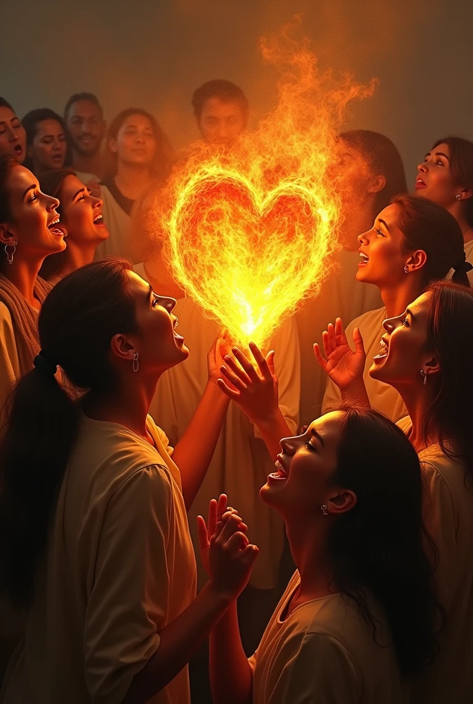 Human hearts burning with fire in the middle of a group of people crying out to God with fervor and passion 