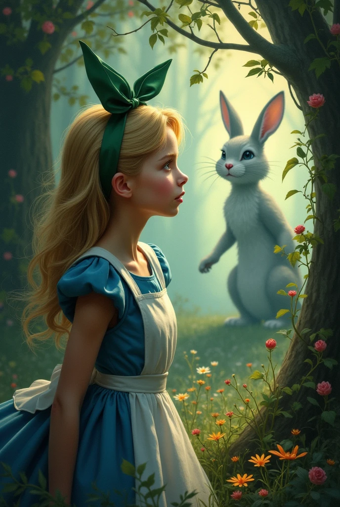 Alice in Wonderland』paint the rabbit and Alice appearing、capturing a moment of deep contemplation。Cheshire Cat、clock、the queen of hearts、Caterpillar、A white rabbit、Trump、in the midst of Wonderland、Such。the lighting should be soft yet dramatic、casting gentle shadows that emphasize the depth of her thoughts。her hair is slightly tousled as if she's been on a long journey、the iconic green headband is slightly askew、adding a pensive mood。the color palette should be a mix of soft pastels and dark, introspective tones、creating a balance of innocence and the complexity of her mind。