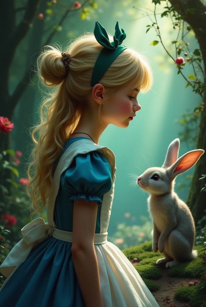 Alice in Wonderland』paint the rabbit and Alice appearing、capturing a moment of deep contemplation。Cheshire Cat、clock、the queen of hearts、Caterpillar、A white rabbit、Trump、in the midst of Wonderland、Such。the lighting should be soft yet dramatic、casting gentle shadows that emphasize the depth of her thoughts。her hair is slightly tousled as if she's been on a long journey、the iconic green headband is slightly askew、adding a pensive mood。the color palette should be a mix of soft pastels and dark, introspective tones、creating a balance of innocence and the complexity of her mind。