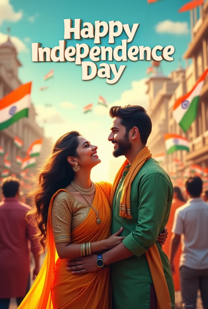 real young couple, Sagar and jyoti stand together, both 27 years old, joyfully celebrate Indian Independence Day. They are wearing indian outfits and Ajay name is written on boy's outfit and Pooja written on girl's outfit. Above them, in the sky, the words "Happy Independence Day" are displayed in a bold font. The backdrop is filled with people celebrating, enhancing the festive and patriotic spirit of the day.make sure text should be correct