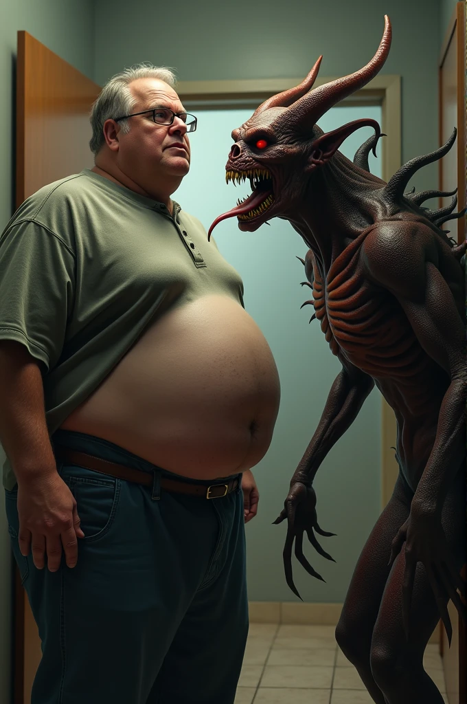 A mature age American chubby guy, wearing henley shirt and long pants with belt,  a demon licking his bellybutton 