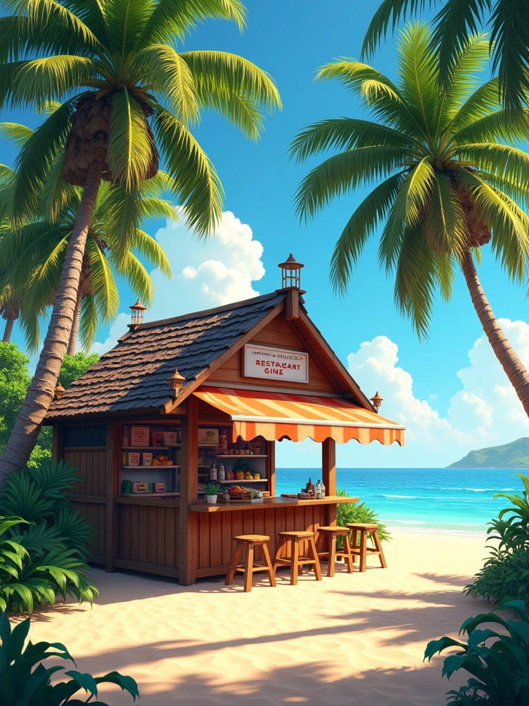 Beach with a wooden restaurant kiosk and palm trees in the background