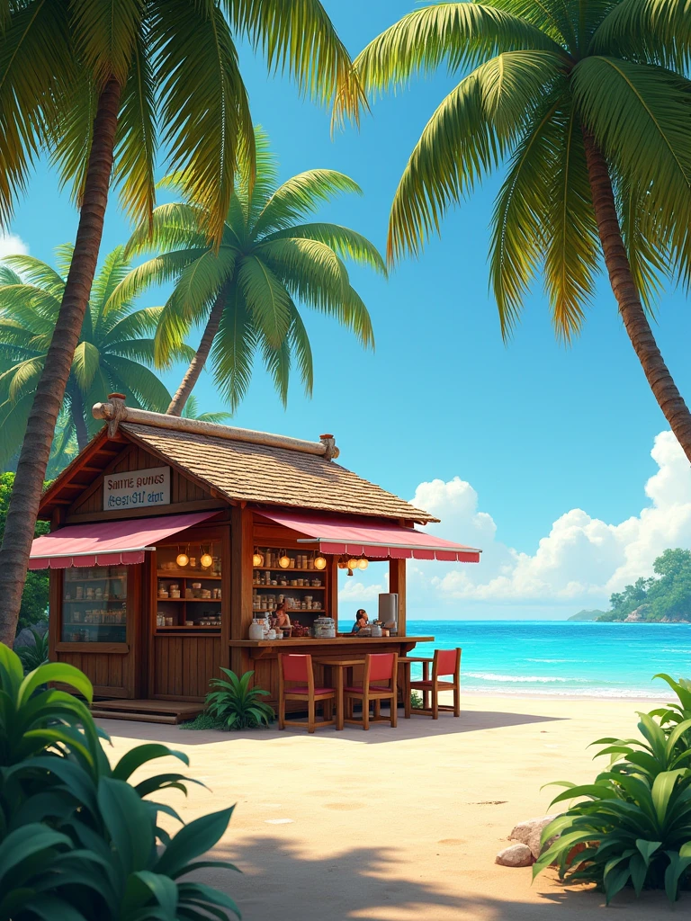 Beach with a wooden restaurant kiosk and palm trees in the background