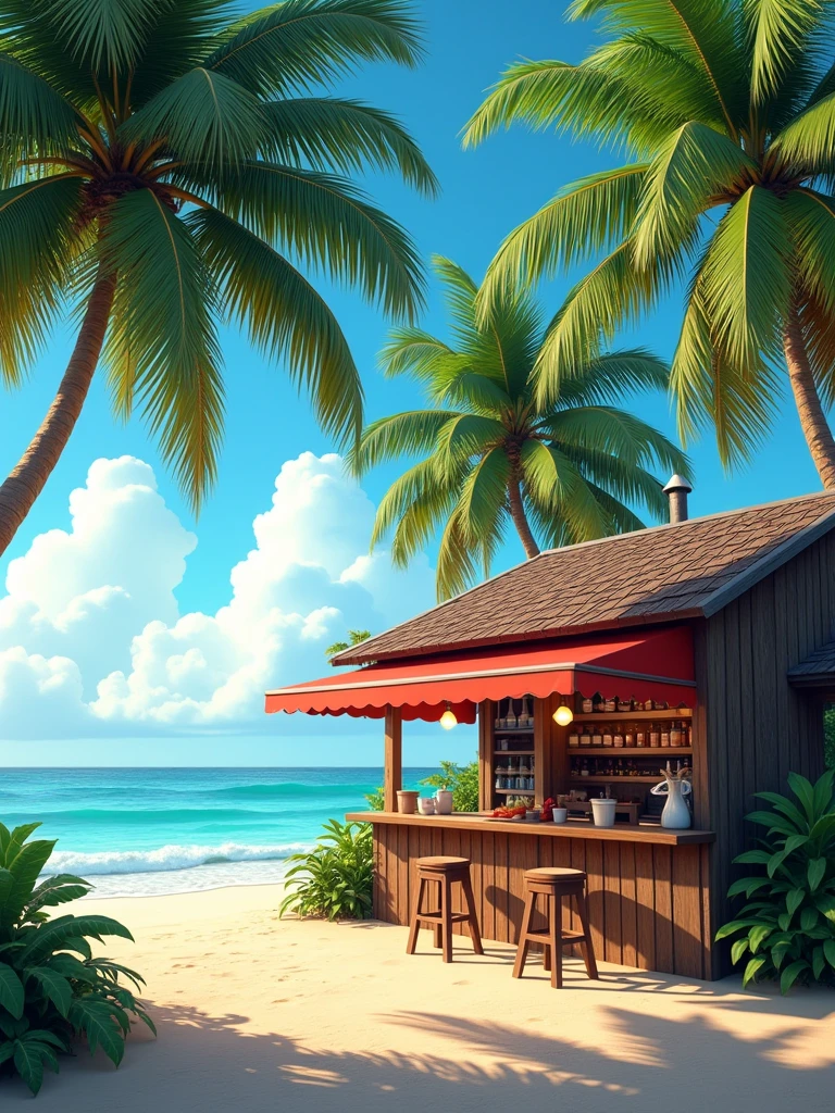 Beach with a wooden restaurant kiosk and palm trees in the background