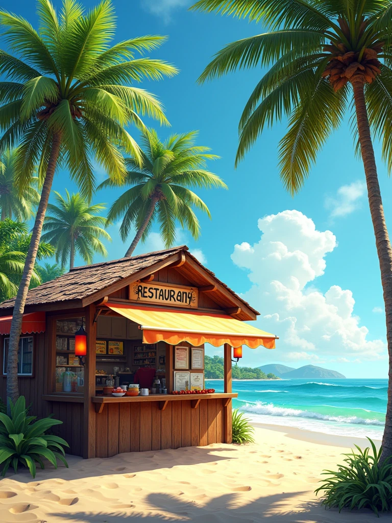 Beach with a wooden restaurant kiosk and palm trees in the background