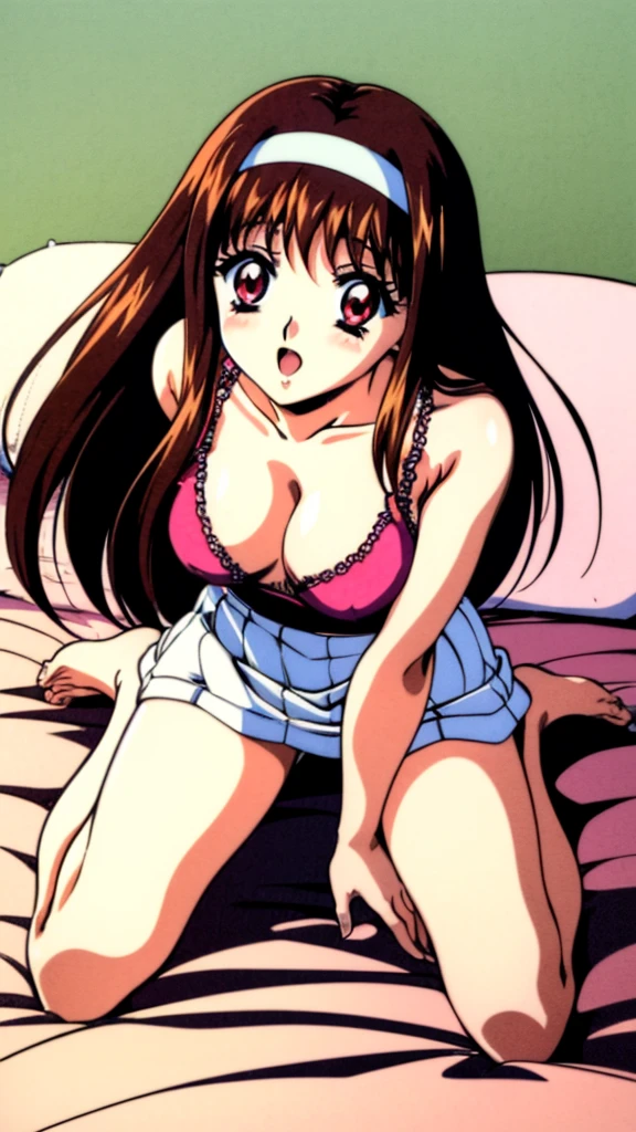 Yuuki Mizuho, One person, alone, Long Hair, hair band, Brown Hair, Red eyes, Open your mouth, blush, Lips parted, liar, On the bed, lie on one’s back, rub own breasts with both hands, From above, retro artstyle, No underwear, barefoot, Lack of shoes, No skirt, 1990s (style), expensive quality, very_expensive_solve, big_file size, Full Color,