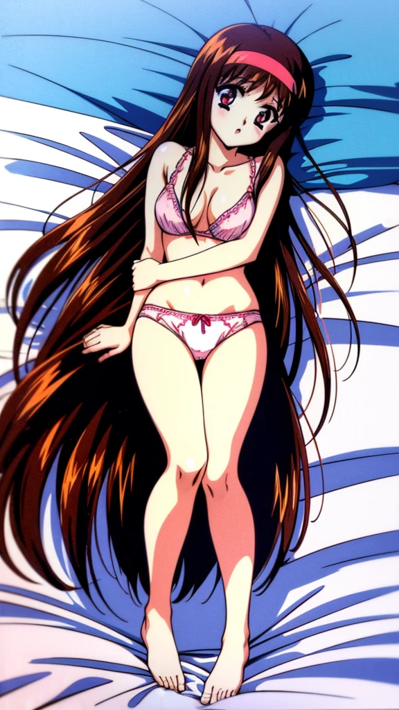 (Anime artwork, Anime Style, Studio Anime, Very detailed, up to date, Vibrant, Anime Coloring Book, High Contrast, masterpiece:1.2, Highest quality, Best aesthetics), (Beautiful and detailed eyes:1.2), Yuuki Mizuho,Alone, Straight Long Hair, hair band, White Bikini, Cleavage,blush, Lips parted, liar, On the bed, Lie down with your arms up, From above, No pants,Asymmetrical bangs, Perfect Proportions, Skin with attention to detail, cute, Detailed face,
