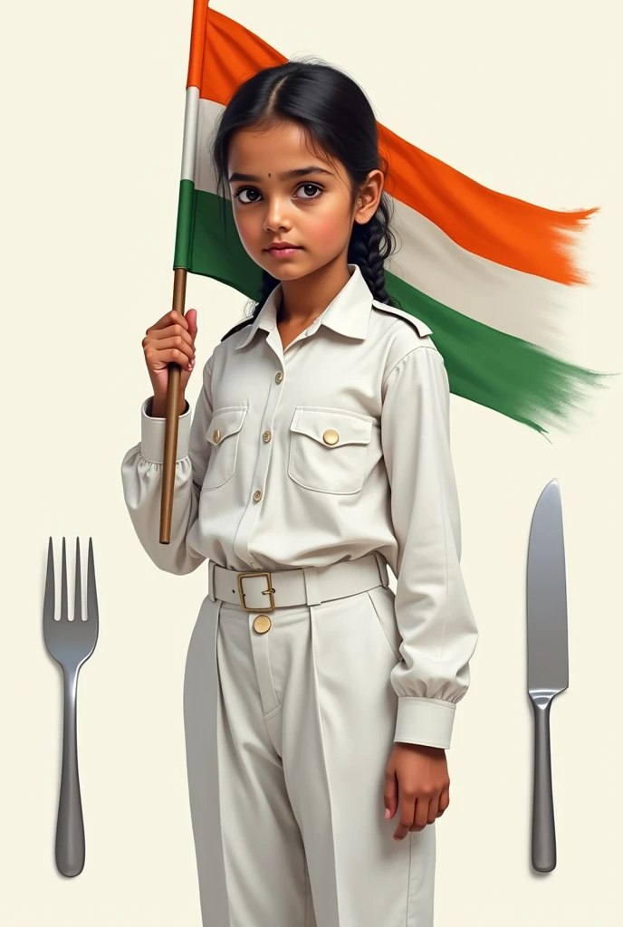 a  girl holding indian flag in white uniform and two long plates, closeup 