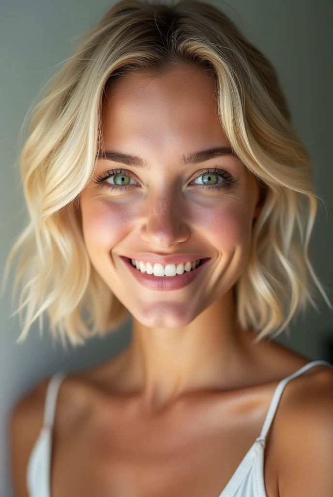 blond woman smiling at the camera, nina tryggvadottir, color portrait, taken in the mid 2000s, detailed color portrait, taken in the late 2000s, photo of a woman, probably in her 30s, nina masic, in her early 3 0, colour portrait photograph. Short blonde hair. Short wavy hair. Short bleach blond hair, perfect green eyes. BIBC. Bare shoulders, bare neck, , nude.