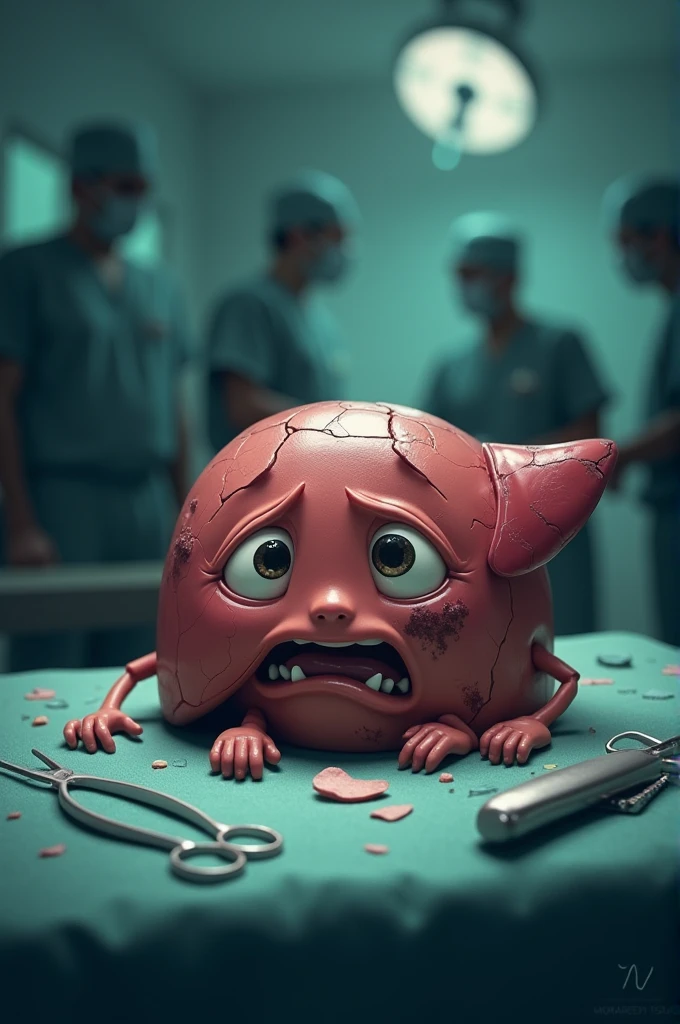 "An image depicting a damaged liver with a sad expression, showing visible injuries like bruises and cracks. The liver is lying on a medical bed, appearing to undergo surgery, with surgical tools and a doctor or medical staff in the background. The liver’s eyes are sad with teardrops, and the scene is softened by a blurred background to emphasize the sorrowful state of the liver and the seriousness of the surgical procedure."