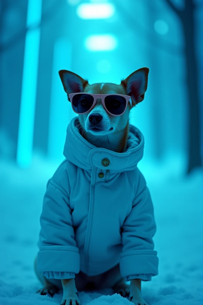 The best cell phone wallpaper, Award-Winning Wallpaper, portrait photography, In the front view is a portrait of a cute dog wearing mid-1960s space age fashion, Side view photo, Shot with Canon EOS R5, Set a strong contrast that accentuates the subject, Fluorescent blue tone, Wearing a very modern coat and sunglasses is a modern 1960s style, Clothes all in one color, beautiful background