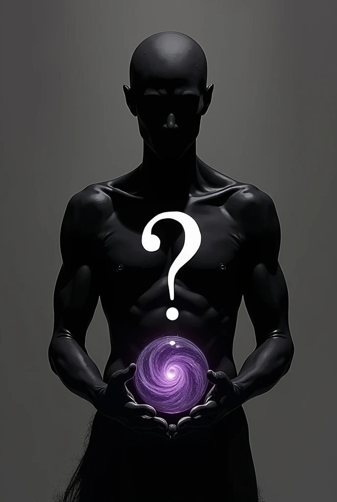 A completely black man, with a white ink question mark drawn on its chest holding a black vortex with purple details in its hands
