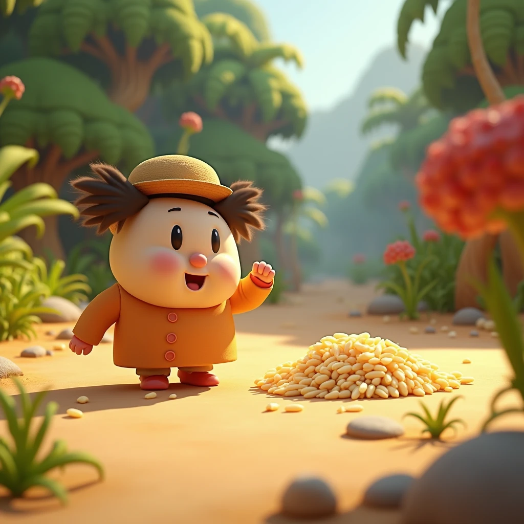 3d animation style
Billu cautiously moving toward the rice, unaware of the hidden pit.