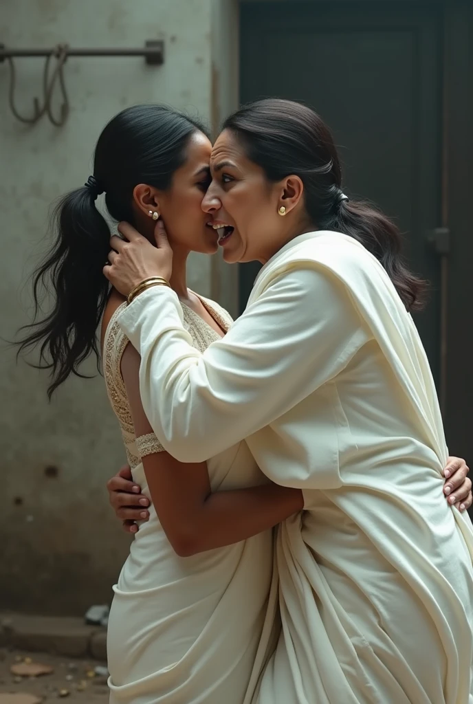 Mamta banarjee in white saree pressing neck of a female doctor with 1 hand lifting her up 2 feets from the ground with evil look in her eyes side view