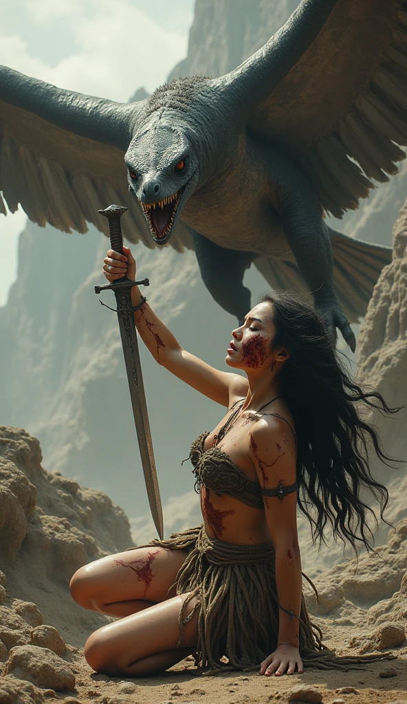 Create a picture of a heavenly wounded and, everywhere blood on her face and, body, feared very long orange-haired woman, wearing primitive animal clothes and a primitive long sword in her hands, on the ground before him. and a Pterosauri attacks the woman who invades his normal habitat.