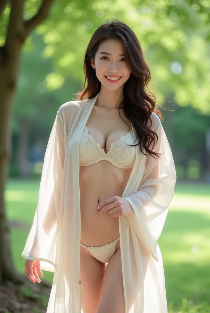 Realistic、Masseter region、Highest quality、High resolution、RAW Photos、Realistic、Bright lighting、Face Light、Smooth Professional Lighting、Japanese women、きれいなJapanese women、Modeled、gravure、sexy、so beautiful、Realistic and beautiful skin、Beautiful and detailed、Detailed face、slim、Big Breasts、Cleavage、((Brunette Long Hair))、(((Head to toe full body image 1.8)))、((sexyなポーズ))、A full-body photo of a beautiful Japanese woman wearing a yukata in the park., See through, Open yukata、I can see your knees、((Very large breasts))、Tight waist、slimな体型、Perfect Face、Pubic hair is visible、smile、slimな太ももが特徴、Perfect body、Perfect hands、Perfect hands指、Perfect Legs