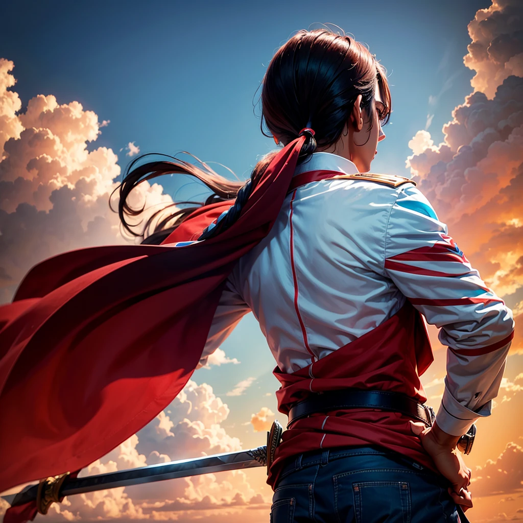 boy with his back turned, looking to the sky, with straight hair, WITH A SIMON BOLIVAR UNIFORM, with a sword in his hand, AND THE SKY THE COLOR OF THE PERUVIAN FLAG (red white and red)