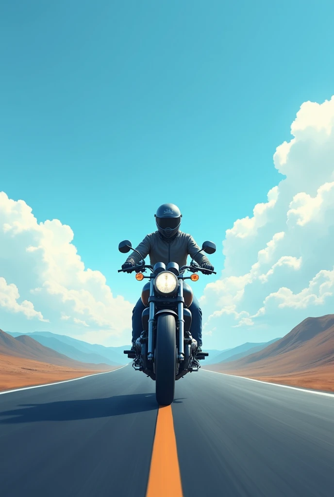 A man motor bike on road alone with clear sky