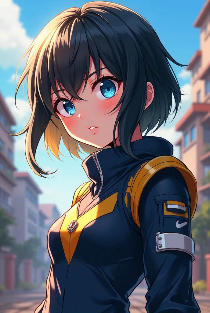 an anime girl "My Hero Academy", with black hair and some blonde, blue eyes.