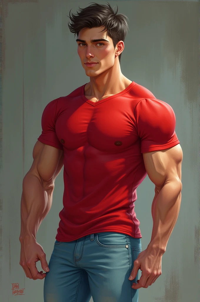 Man with light blue jeans fitted to his body, with a large bulge between his legs visible from the side, white tanned skin, Muscular 20-year-old, wearing a red sports t-shirt