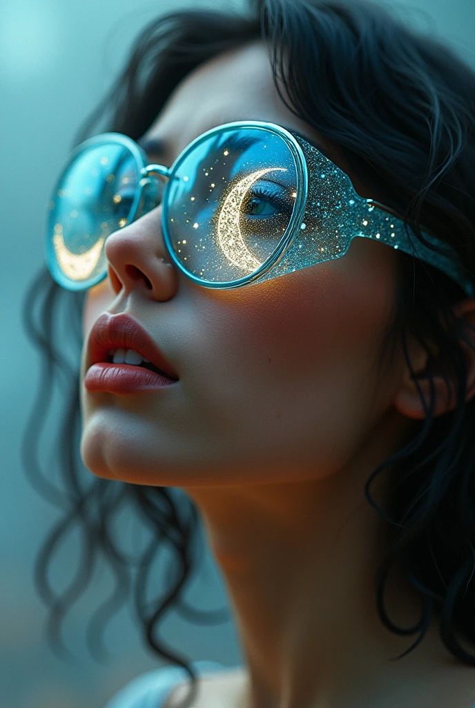 The model is wearing glass sunglasses with stars and the moon on the glass