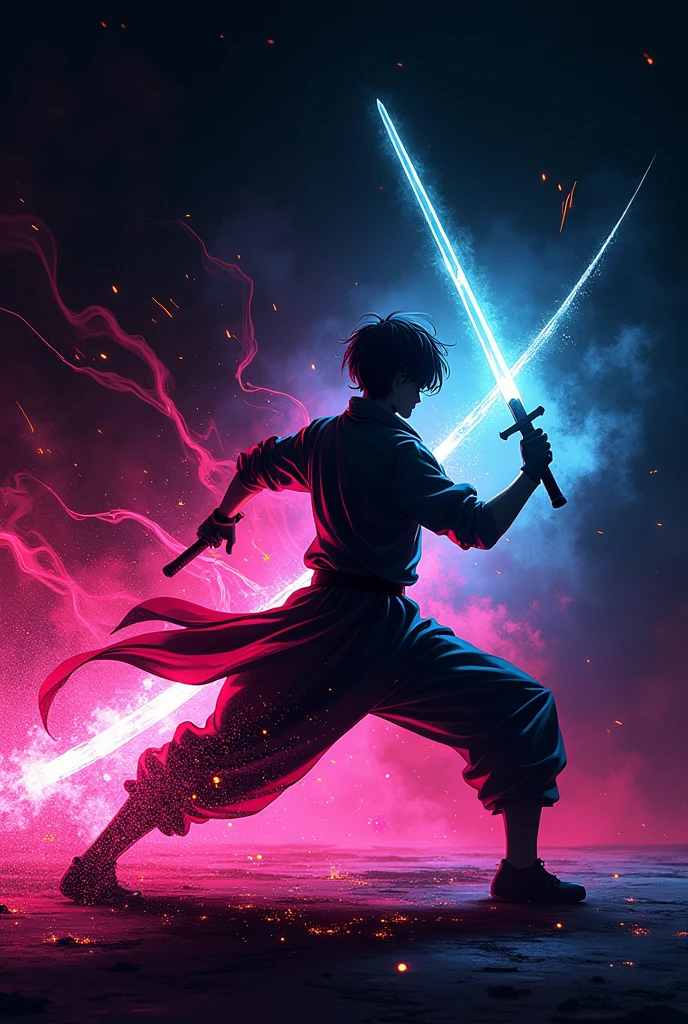 ((Best Quality)), ((masterpiece)), ((detailed)), ((High Definition)), an aura of sword thrusts in anime style, all the neon color, with the black silhouette of a simple person in the center, dynamic movements, fighting pose, instant straight cut, that leaves a remnant image. With a black background.