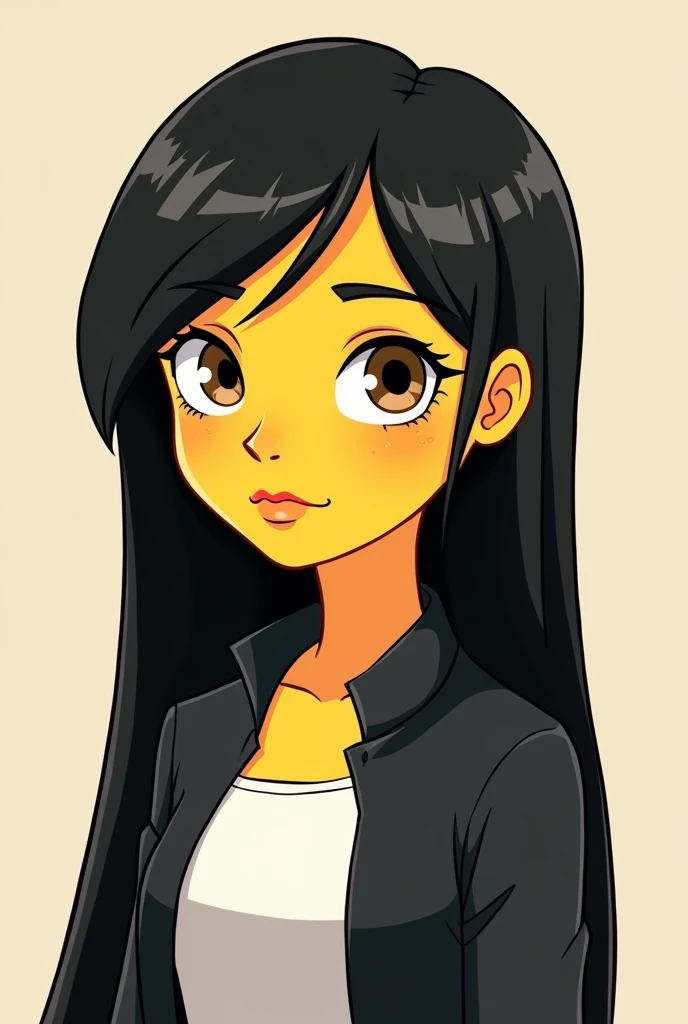 Draw a girl with long, straight black hair, with brown eyes, nose a little wide, a mole next to her right lip, wearing a black jacket and a white blouse Simpson version 