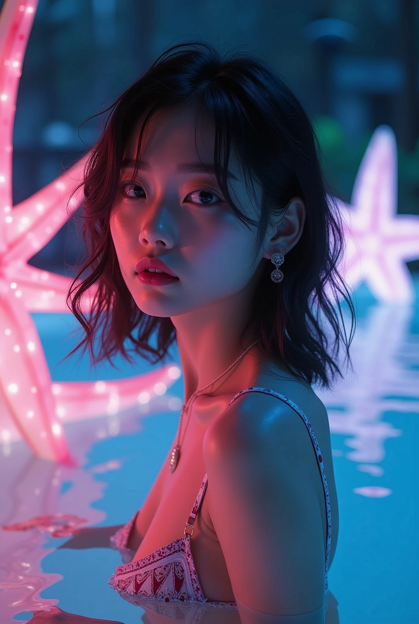 ultra HD,32k,close-up face,entangled by glowing colorful huge star fishs, night,pool,RAW photo,ultra realistic photo,beautiful Japanese idol,kawaii,vivid, grow, 16yo,big eyes,detailed skin,clavicle,wavy and medium hair,detailed bikini with geometrc print,floating in pool,necklace,earrings,detailed shadow,gravure,wistful smile, looking back,colorful lighting, surreal