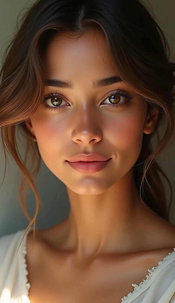 The face of an Indian woman with fair skin and brown-blonde hair. She has striking almond-shaped eyes, a straight, delicate nose, and full lips that curve into a gentle smile. Her brown-blonde hair frames her face in soft waves, with subtle highlights that catch the light. Her eyebrows are well-defined, accentuating her expressive eyes, and her complexion is clear and radiant, reflecting her natural beauty.