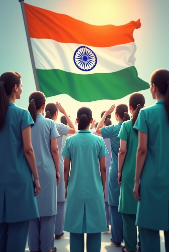 So many women doctors and men doctors facing and saluting flagoffed indian flag and Justice for moumitha