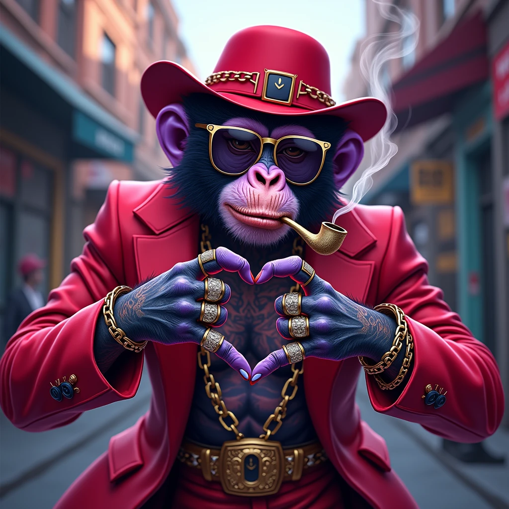 1 purple female monkey, with a red gangster suit with chains, hat and glasses, tattooed, with huge diamond and gold rings, smoking with a pipe, making a heart with both hands