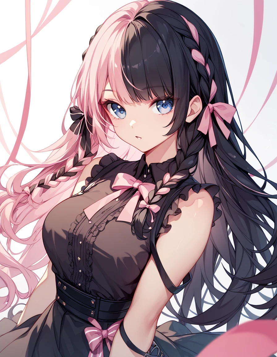 Long Hair、(Pink and black braids on both sides、Left hair is pink、Right is black)blue eyes、Left ribbon is black、Right ribbon is black、Long Hair、(inner hair color　Black Hair + Pink inner hair)
information
