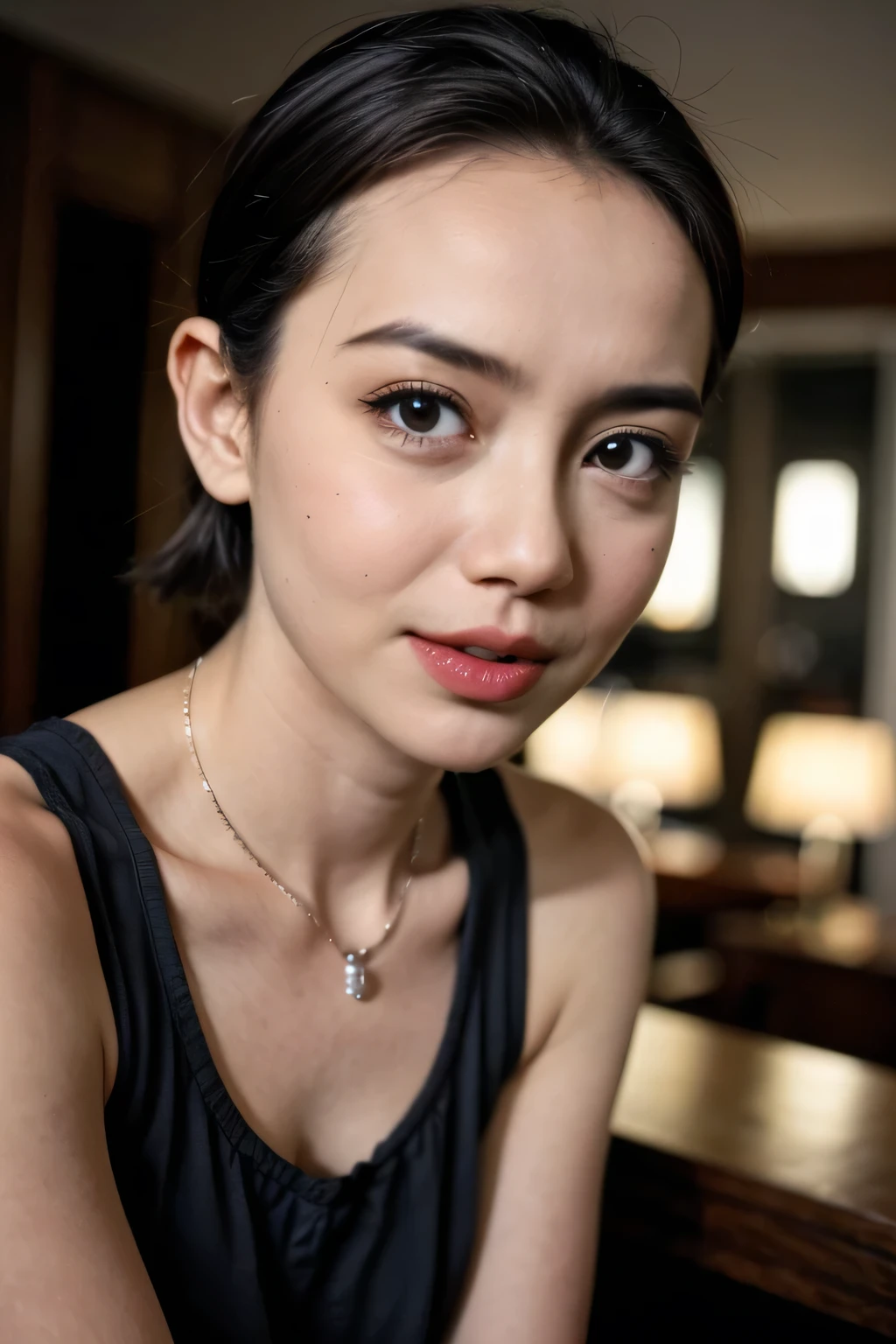 (((SAD FACE EXPRESSION:1.1)), ((NECK LCE RIBBON)), ((GOTHIC BLACK EYELASHES & LIPS)), ((BLACK LIPS)), ((Very stylo Shorthaircut)), adorable, 1 girl, (face to face), , baby face, hf body portrait, (face details: 1), (eye details: 1), ((tiny breasts)). ((croptank latch leopard pattern)), ((net stockings)), lingerie ((red lips)), view from lie down