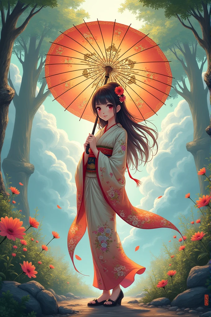 Anime girl with hanumanji standing and holding an umbrella