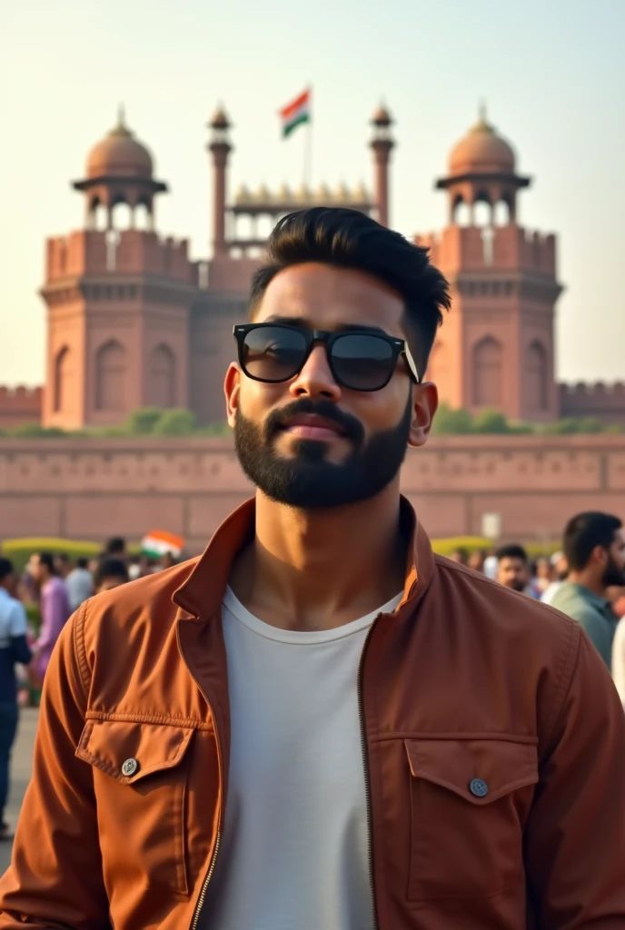 Indian young boy with beard and sunglasses independence day morning time all viwe lal kila realistic man
