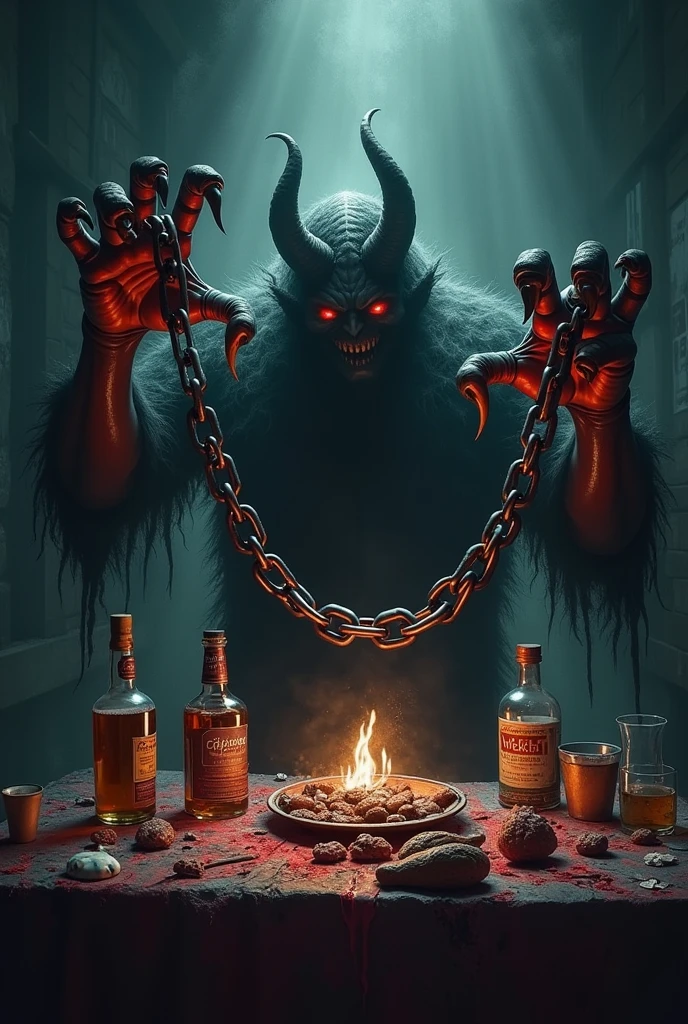 The hands of a demon holding a chain on a table where there is alcohol and drugs in a dark hallway