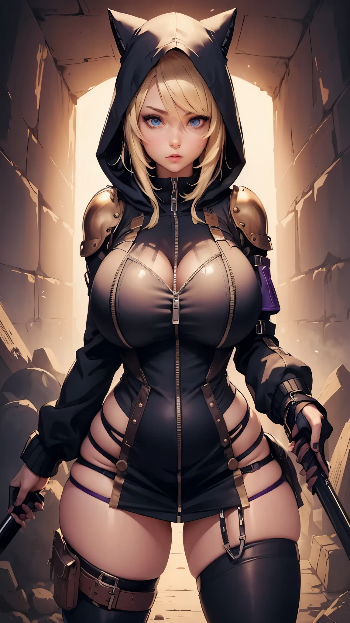 Curvy Woman, big breasts, hips, (hoodie mini dress zip), hooded, steampunk armor, in darkness catacombs, strong stance, blue purple lights, shadow light