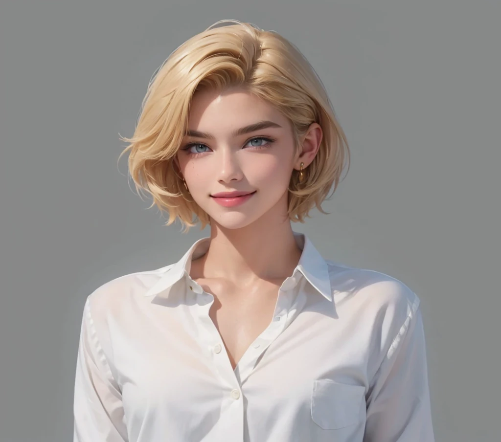 a 20-year-old European and American model, high detail, full of vitality, youthful, (smiling:1.2), female focus, looking at the audience, short golden hair, white collared shirt, black denim shorts, bilateral arms, denim lens, standing, bracelet, solid color background