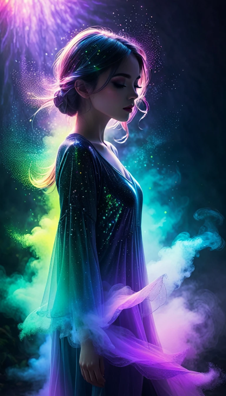 mysterious fog, iridescent, neon dust, shading effects, gradation magic effects, foggy filter effects, glitter effects, graphic CG digital art