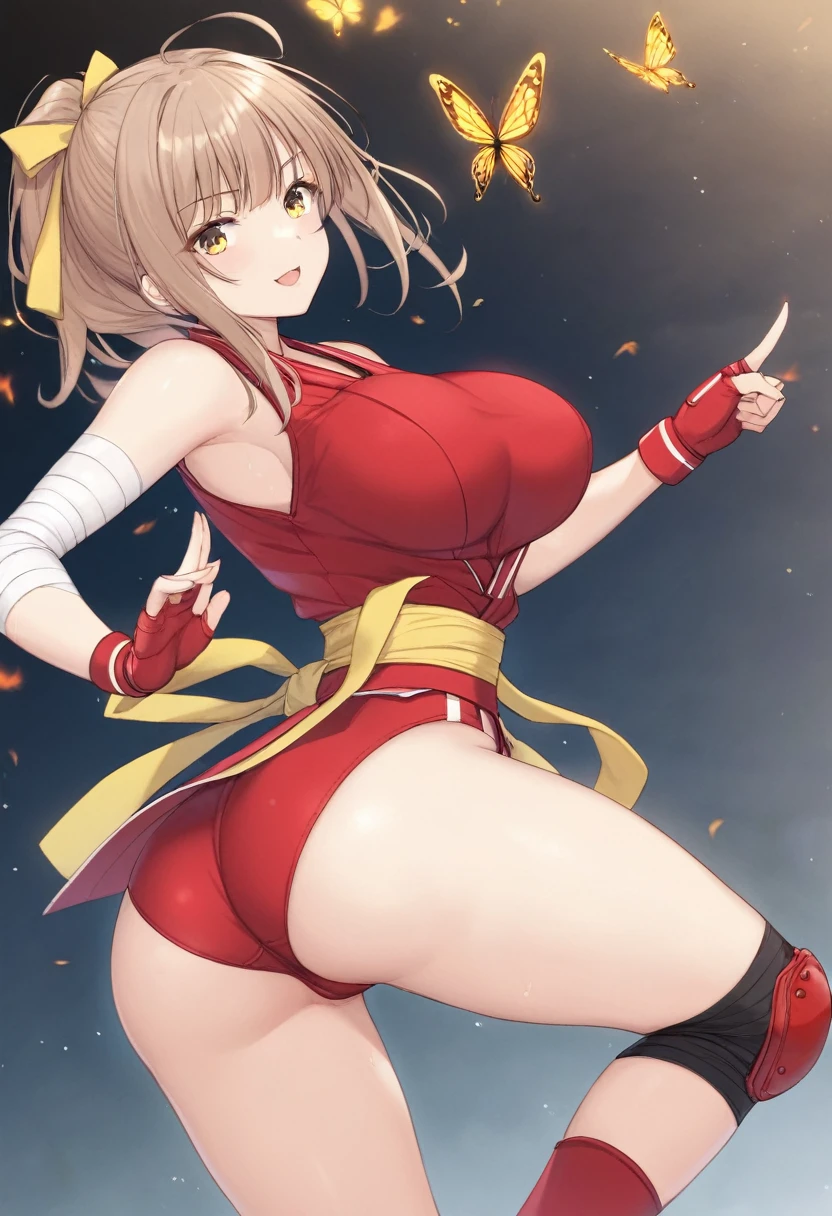 Aska, 1 girl, Kunoichi, Sexy Shinobi, She has long light brown hair, a white hachimaki, wrapped around her head, wearing a red leotard, white short-sleeved martial arts vest, Her leotard is smaller, exposing her buttocks , big breasts, Yellow ribbon on her waist, Red tennis shoes with bandages on the foot and knee, Red gloves, bandages on the arm, white short-sleeved martial arts vest, Shinobi suit, ninja suit, metal knee pads on the knees, Good figure, Her leotard is smaller in the Japanese version, exposing her buttocks much more in the movements where they are visible. Her victory pose also makes her breasts,background of butterflies of different colors