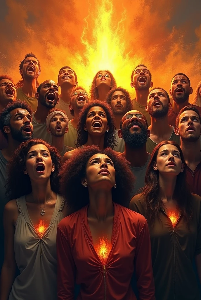 Hearts of humans burning in fire in the midst of a group of people, men and women, black and white, calling out to God with fervor and passion. 