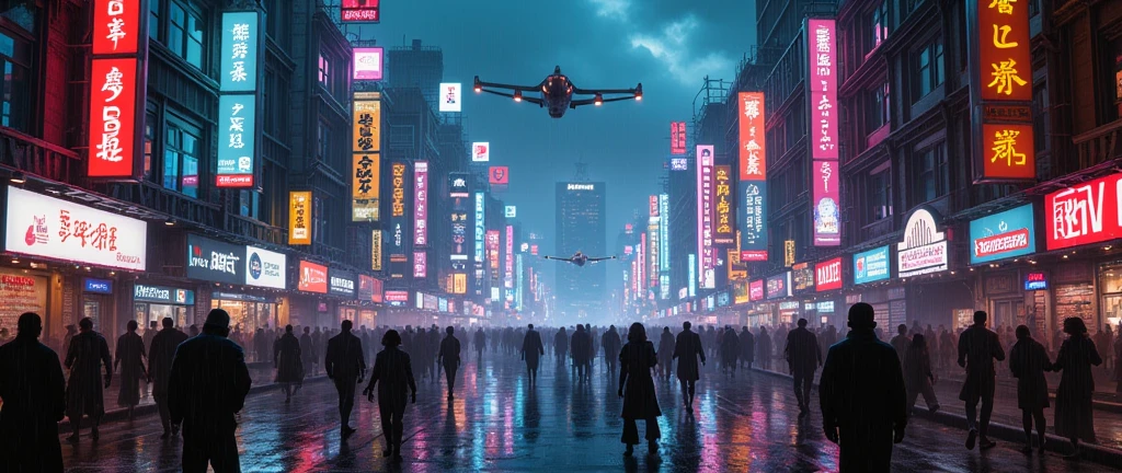 “A bustling cyberpunk city at night with neon signs, flying cars, and a street crowded with people in futuristic clothing. The sky is dark with heavy clouds, and rain is reflecting the colorful lights on the wet streets.”